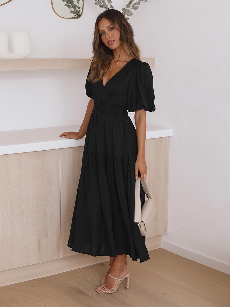 Lamgool Women's V Neck Maxi Dress Smocked Long Formal A-Line Dresses for Wedding Guest (Black, Small) - Image 4
