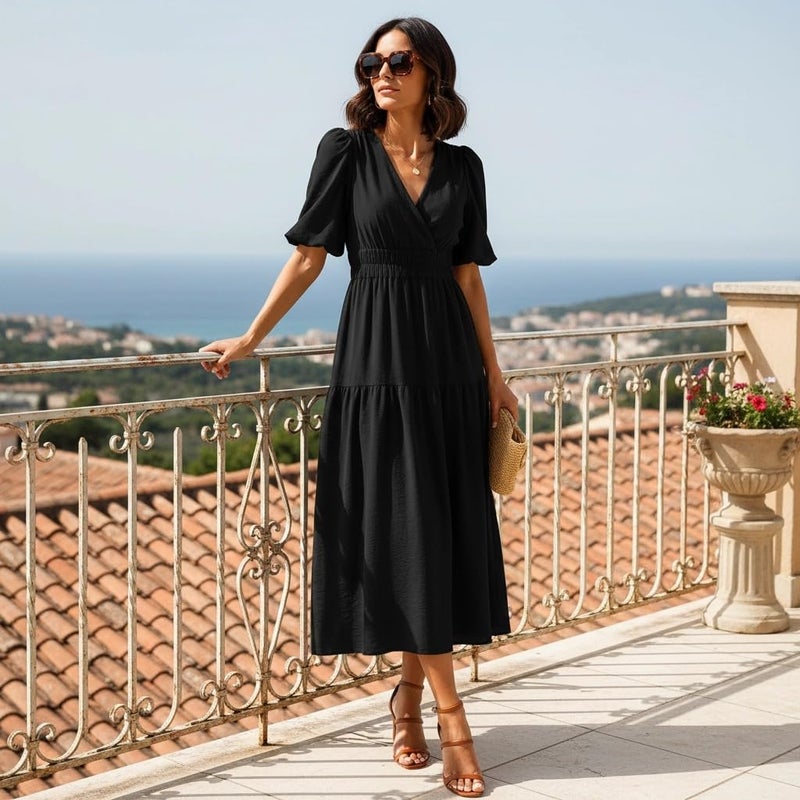 Lamgool Women's V Neck Maxi Dress Smocked Long Formal A-Line Dresses for Wedding Guest (Black, Small) - Image 2