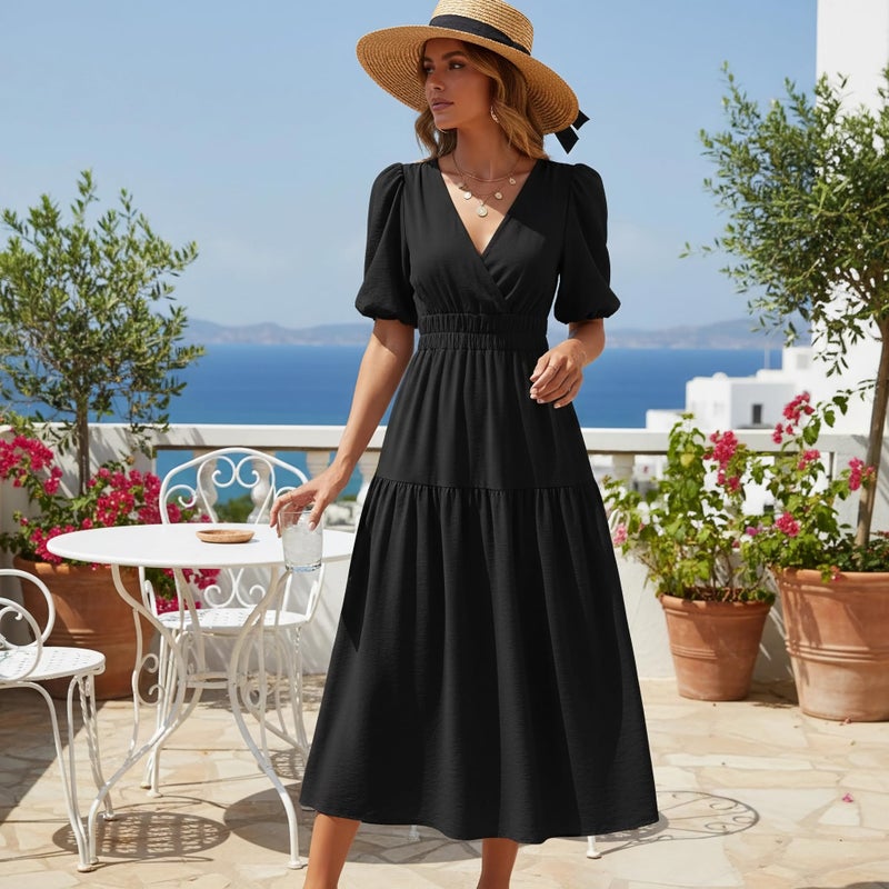 Lamgool Women's V Neck Maxi Dress Smocked Long Formal A-Line Dresses for Wedding Guest (Black, Small) - Image 3