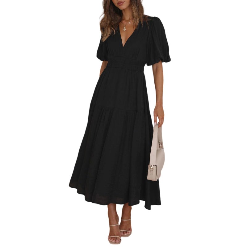Lamgool Women's V Neck Maxi Dress Smocked Long Formal A-Line Dresses for Wedding Guest (Black, Small) - Image 1