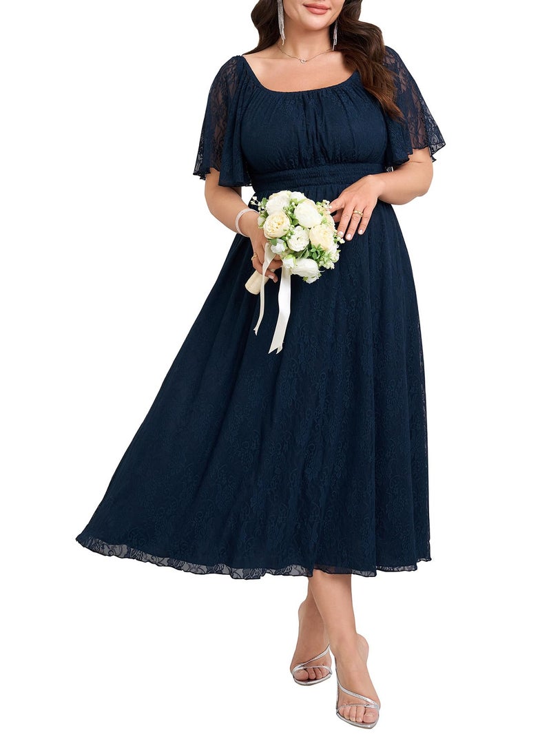 SHESTARR Women's Plus Size Wedding Guest Dress Lace Square Neck Short Sleeve Flowy A Line Formal Maxi Dresses Navy Blue - Image 1
