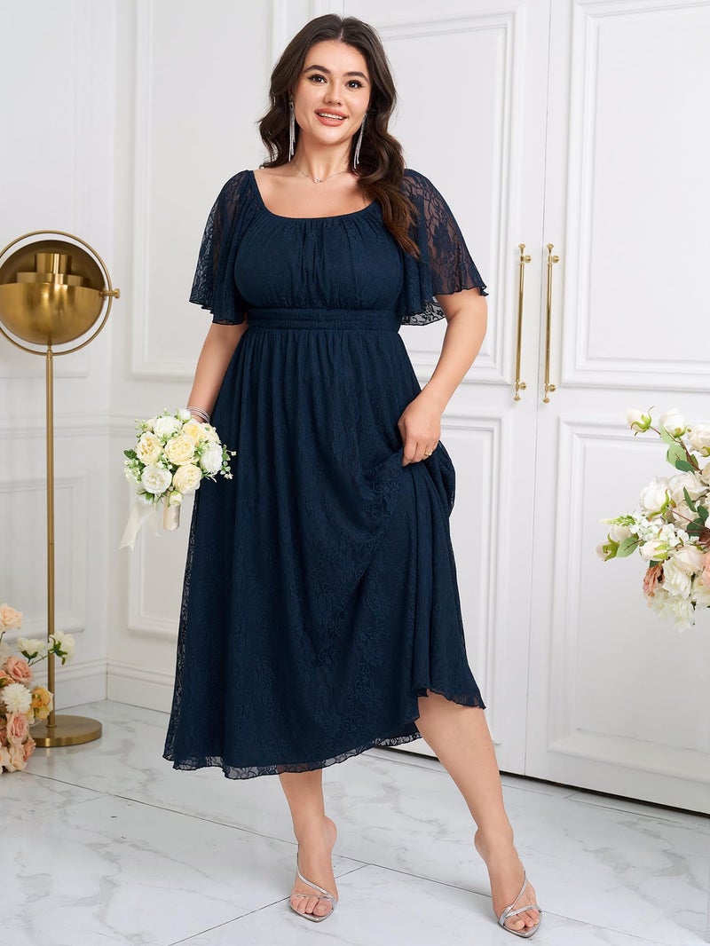 SHESTARR Women's Plus Size Wedding Guest Dress Lace Square Neck Short Sleeve Flowy A Line Formal Maxi Dresses Navy Blue - Image 4