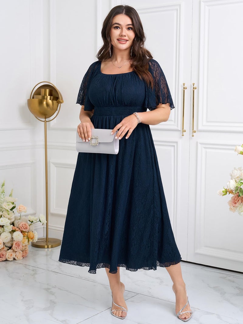 SHESTARR Women's Plus Size Wedding Guest Dress Lace Square Neck Short Sleeve Flowy A Line Formal Maxi Dresses Navy Blue - Image 3