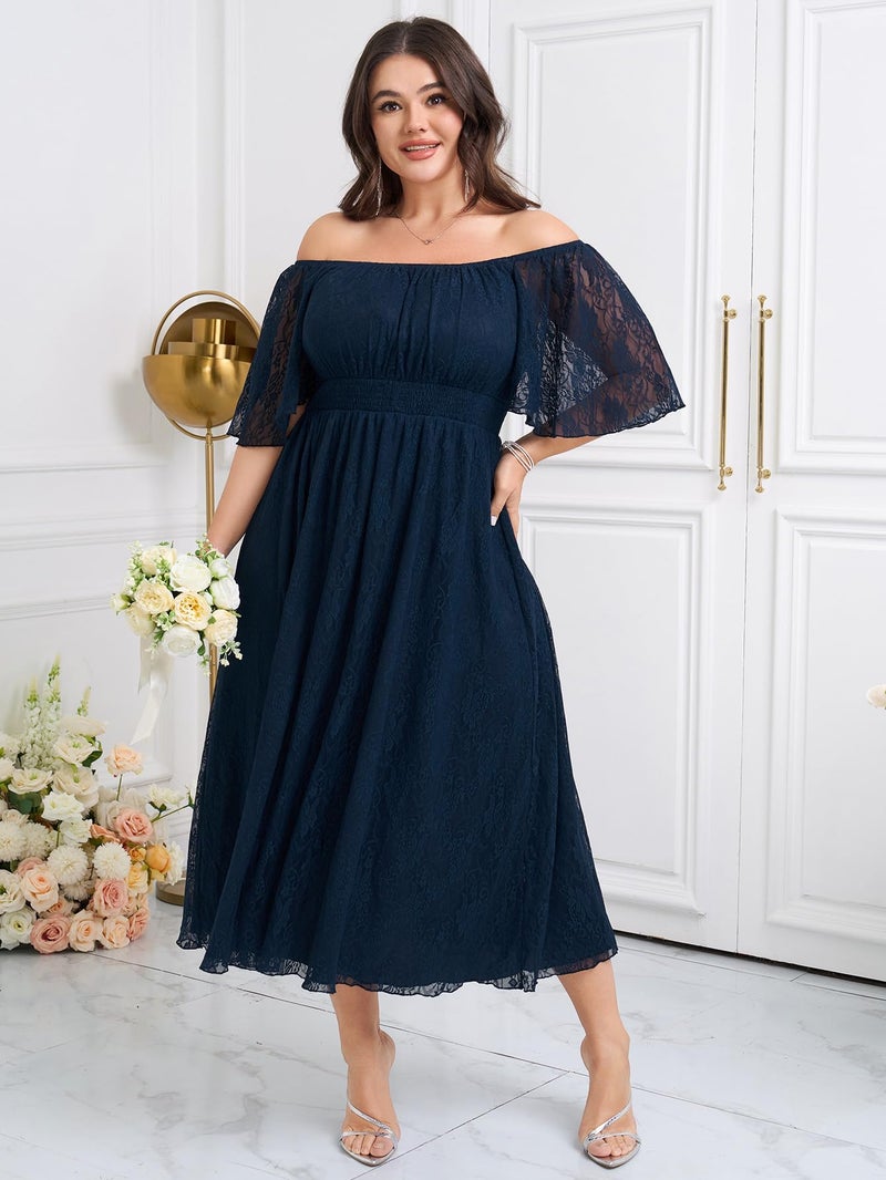 SHESTARR Women's Plus Size Wedding Guest Dress Lace Square Neck Short Sleeve Flowy A Line Formal Maxi Dresses Navy Blue - Image 2