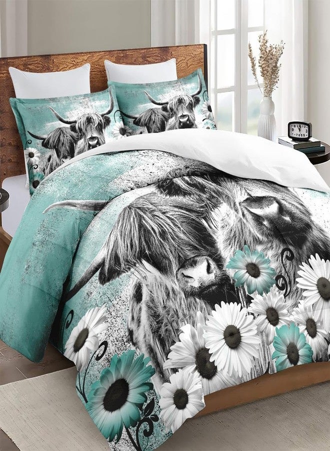 WeCozy Comforter Set Queen Size with 2 Pillowcases, Highland Cow Animal 3 Pcs Bedding for Kids and Adults, Buffalo Bull Farm Daisy Soft Comforter Set for Bedroom Bed Decor - Image 3