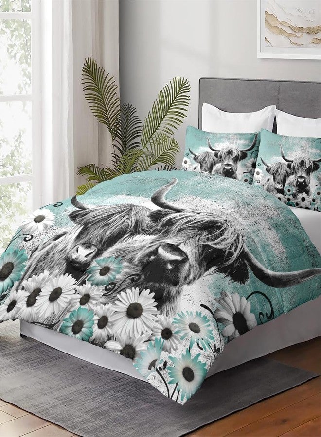 WeCozy Comforter Set Queen Size with 2 Pillowcases, Highland Cow Animal 3 Pcs Bedding for Kids and Adults, Buffalo Bull Farm Daisy Soft Comforter Set for Bedroom Bed Decor - Image 4