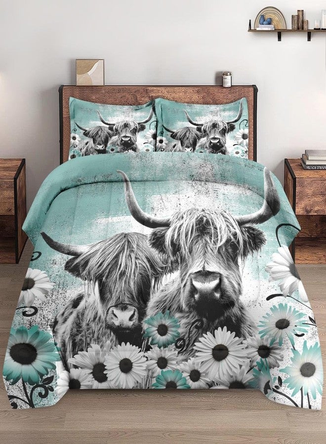WeCozy Comforter Set Queen Size with 2 Pillowcases, Highland Cow Animal 3 Pcs Bedding for Kids and Adults, Buffalo Bull Farm Daisy Soft Comforter Set for Bedroom Bed Decor - Image 1