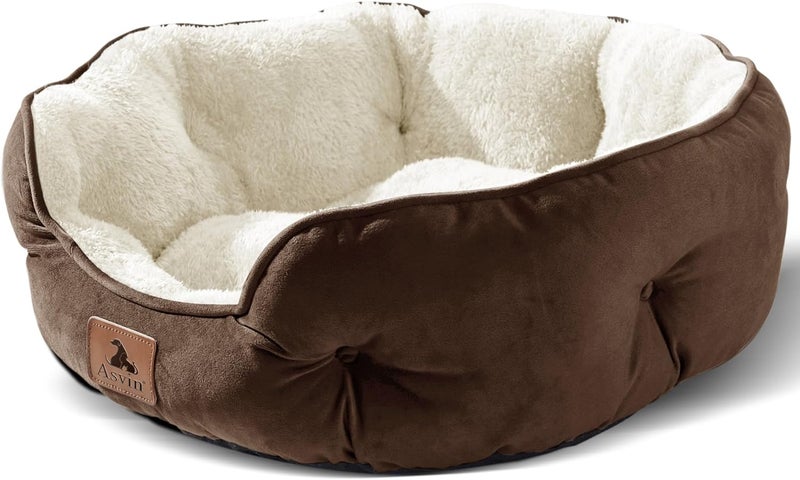 Asvin Small Dog Bed for Small Dogs, Cat Beds for Indoor Cats, Pet Bed for Puppy and Kitty, Extra Soft & Machine Washable with Anti-Slip & Water-Resistant Oxford Bottom, Brown, 20 inches - Image 1