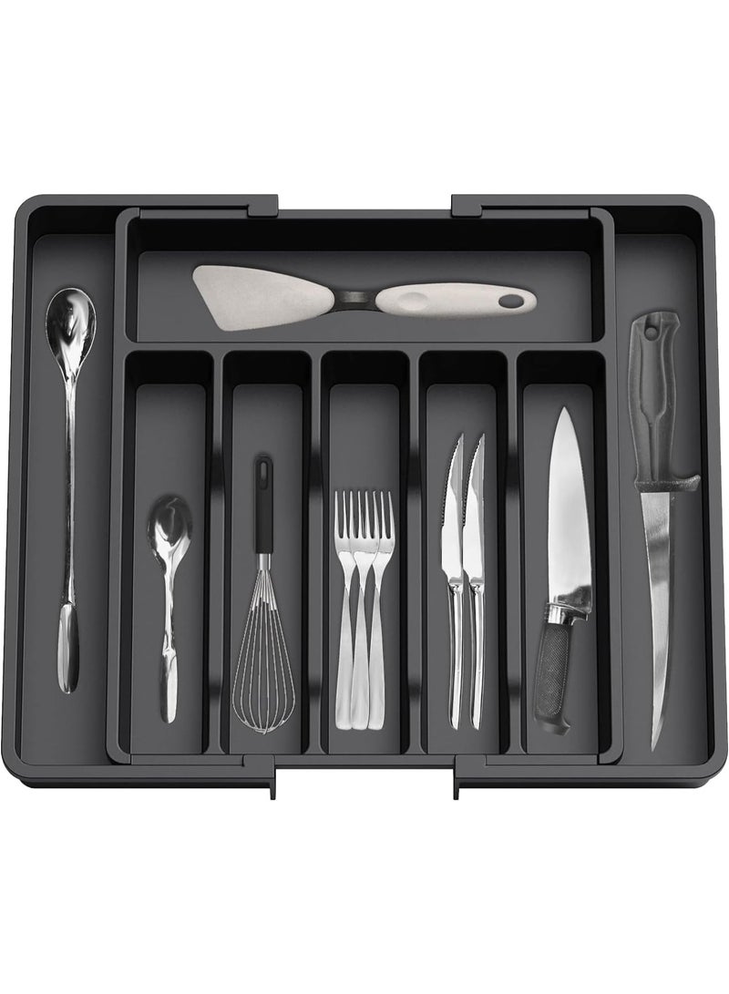 Streamflow Silverware Drawer Organizer, Expandable Utensil Organizer with Adjustable Compartments – Large Capacity Kitchen Flatware & Cutlery Tray for Spoons, Forks & Knives, Black - Image 1