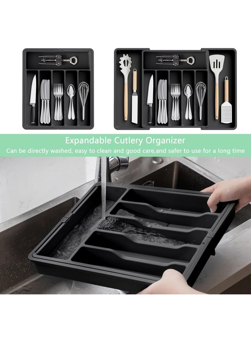 Streamflow Silverware Drawer Organizer, Expandable Utensil Organizer with Adjustable Compartments – Large Capacity Kitchen Flatware & Cutlery Tray for Spoons, Forks & Knives, Black - Image 3