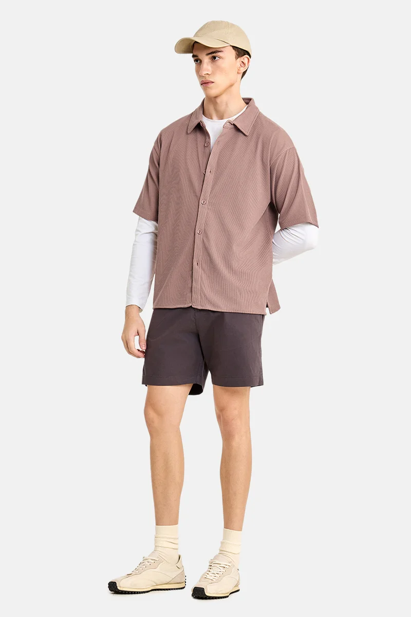 سنيتش Mauve Ribbed Half Sleeve Oversized Casual Shirt