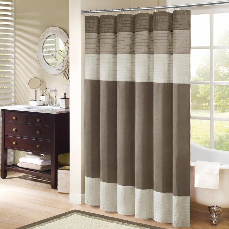 Madison Park Amherst Bathroom Shower Curtain Faux Silk Pieced Striped Modern Microfiber Bath Curtains, 72x72 Inches, Natural - Image 1