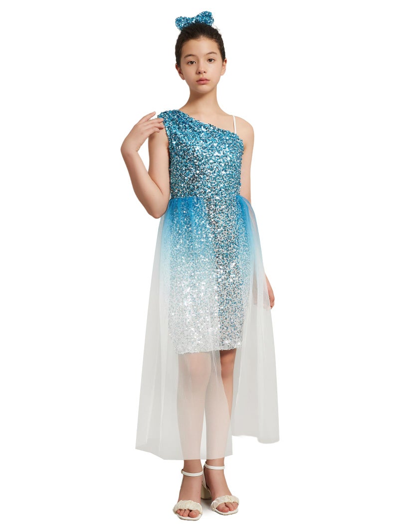 EXARUS Girls Bodycon Dress One Shoulder Formal Fancy Sparkle Mesh Overlay Sparkly Sequin Sleeveless Dresses Party Prom Pageant Wedding for Kids Dance Formal Blue and Silver 10Y - Image 3