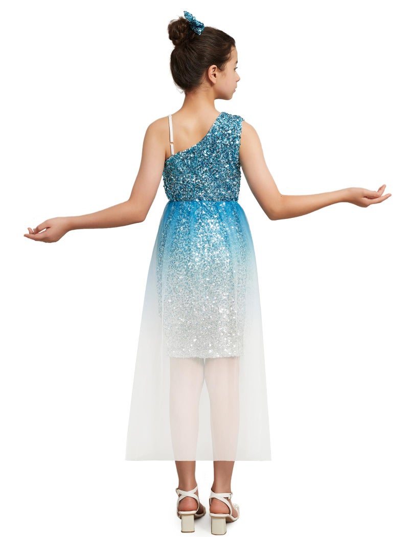 EXARUS Girls Bodycon Dress One Shoulder Formal Fancy Sparkle Mesh Overlay Sparkly Sequin Sleeveless Dresses Party Prom Pageant Wedding for Kids Dance Formal Blue and Silver 10Y - Image 4