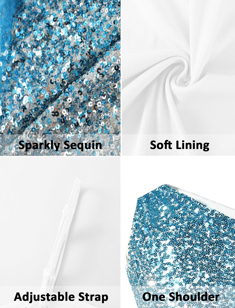 EXARUS Girls Bodycon Dress One Shoulder Formal Fancy Sparkle Mesh Overlay Sparkly Sequin Sleeveless Dresses Party Prom Pageant Wedding for Kids Dance Formal Blue and Silver 10Y - Image 5