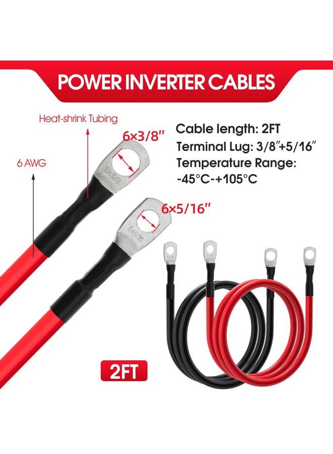 TUELETFU 6 AWG Battery Cables 6 Gauge Power Inverter Cables with 3/8 Inch and 5/16 Inch Lugs Each End for Solar Marine RV Car SUV Truck Tractor Motorcycle 2pcs (2FT, 6 AWG) - Image 2