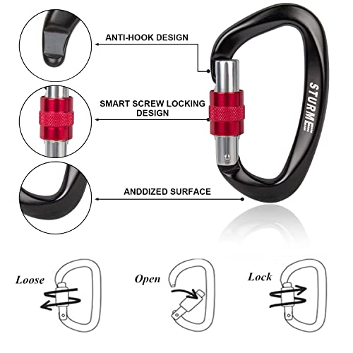 STURME UIAA Certified Climbing Carabiner Clips, 2 Pack 25KN(5623lbs) Screwgate Locking Carabiner Heavy Duty Caribeener Clips, Large Carabiner D Ring for Rock Climbing & Mountaineering - Image 3