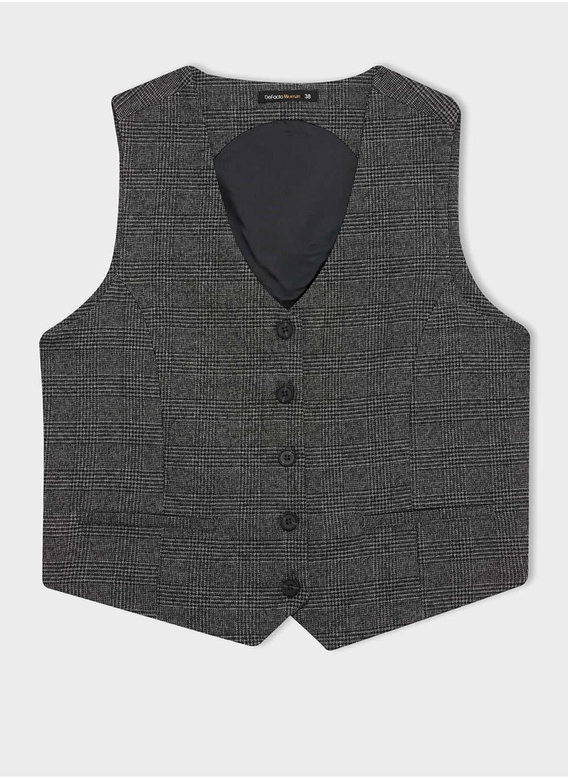 DeFacto V-Neck Plaid Buttoned Blazer Vest  - Image 1
