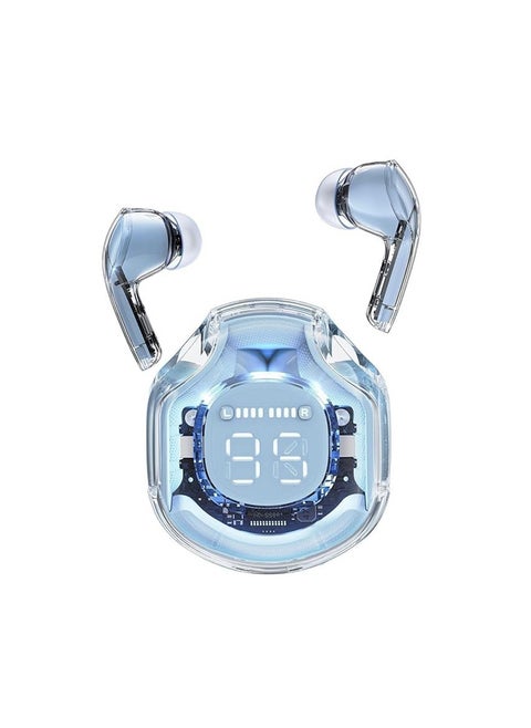 TWS Wireless Bluetooth Earphones, Transparent Design with Digital Display to Know the Charging Level, High Definition Stereo Gaming Headphones with Built-in Mic, with Touch Control Technology for the Earphone - Blue