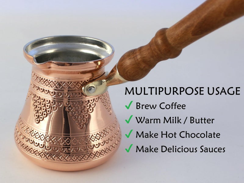 DEDE Copper - PCZ Series (Large-14fl.oz) - Thickest Solid Copper Engraved/Hammered Turkish Greek Arabic Coffee Pot with Wooden Handle, Stovetop Coffee Maker Cezve, Jezve, Jazva, Ibrik, Briki (Shiny) - Image 4