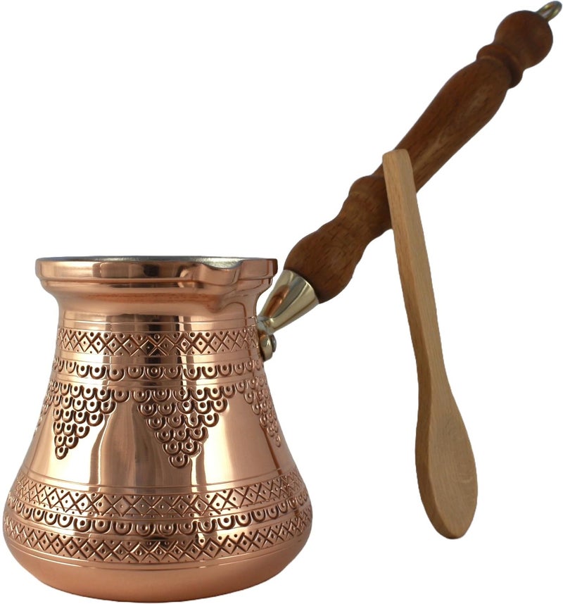 DEDE Copper - PCZ Series (Large-14fl.oz) - Thickest Solid Copper Engraved/Hammered Turkish Greek Arabic Coffee Pot with Wooden Handle, Stovetop Coffee Maker Cezve, Jezve, Jazva, Ibrik, Briki (Shiny) - Image 1