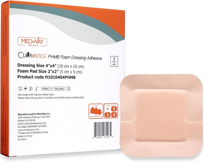 MedVance PHMB Bordered Adhesive Foam Dressing 4"x4" (2"x2" Pad), Box of 5 dressings