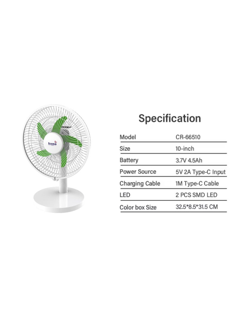 Icona AC/DC 10-Inch Rechargeable Table & Clip Fan, 4500mAh Battery, 3-Speed Cooling Fan with LED Light, Portable for Hotel, Car, Outdoor, and Commercial Use - Image 2