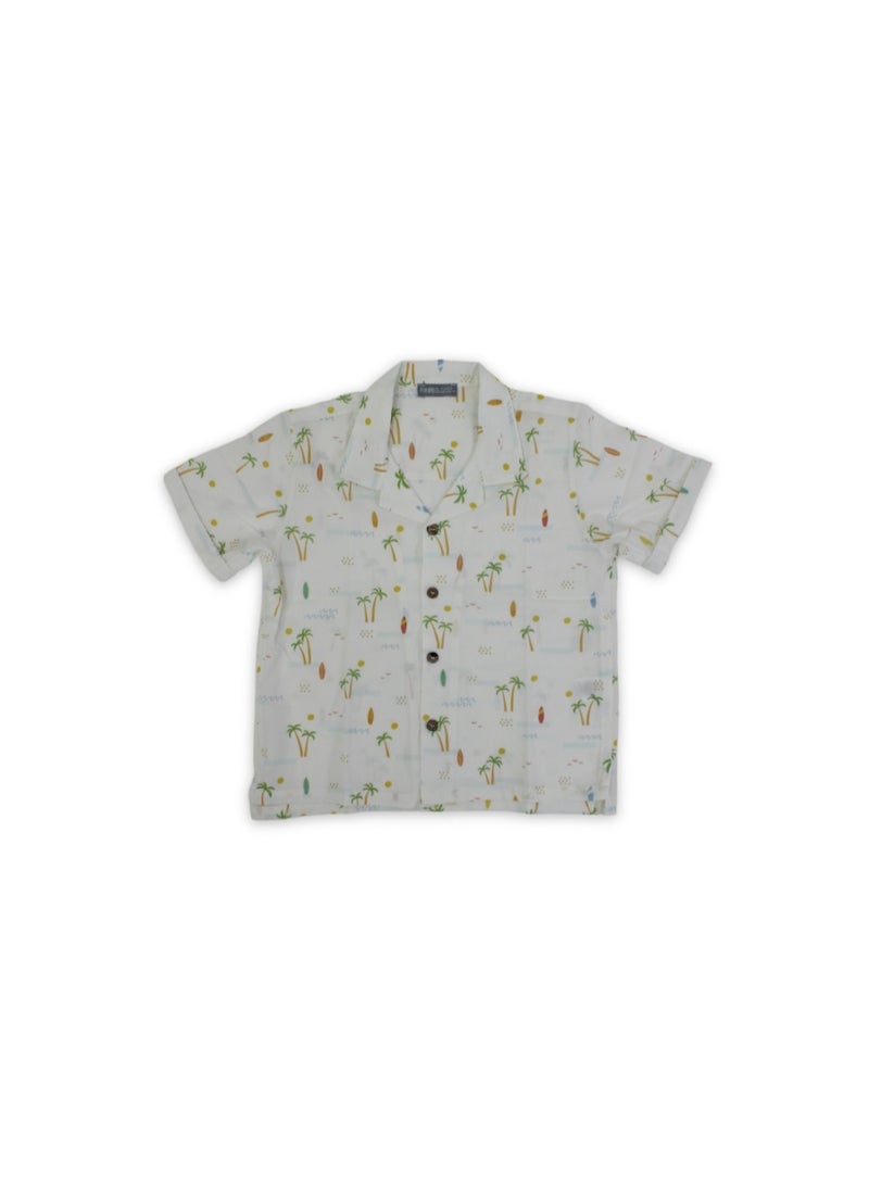 Pompelo Boys Cotton Shirt – Off-White with Palm Tree Print - Image 1