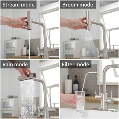 JOOM Kitchen Faucets with Water Filter and Pull Down Sprayer,Waterfall Kitchen Sink Faucet,Two Handle Sink Faucet with Pull Down Sprayer for 3 Function,Without Water Filtration Device,Brushed - Image 2