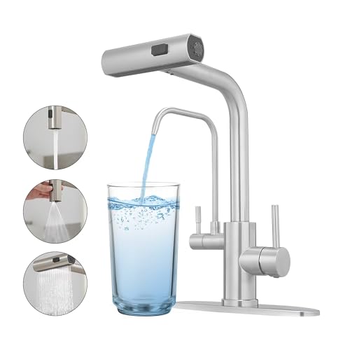 JOOM Kitchen Faucets with Water Filter and Pull Down Sprayer,Waterfall Kitchen Sink Faucet,Two Handle Sink Faucet with Pull Down Sprayer for 3 Function,Without Water Filtration Device,Brushed - Image 1