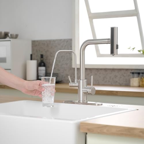 JOOM Kitchen Faucets with Water Filter and Pull Down Sprayer,Waterfall Kitchen Sink Faucet,Two Handle Sink Faucet with Pull Down Sprayer for 3 Function,Without Water Filtration Device,Brushed - Image 3