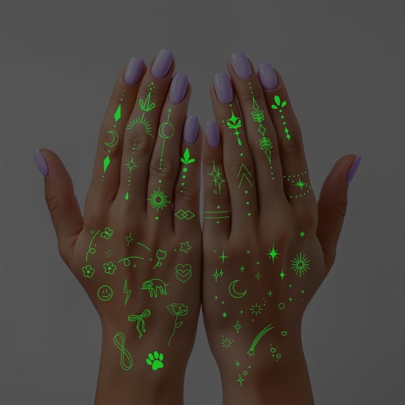 Everjoy Glow-In-The-Dark Temporary Tattoos For Women Luminous Minimalistic Small Finger Tattoos Tiny Boho Decorations Fine Line Art Fake Tattoo Stickers Kit For Kids And Women - Image 1