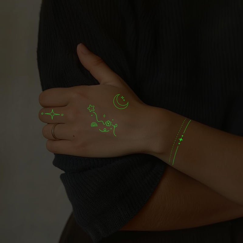 Everjoy Glow-In-The-Dark Temporary Tattoos For Women Luminous Minimalistic Small Finger Tattoos Tiny Boho Decorations Fine Line Art Fake Tattoo Stickers Kit For Kids And Women - Image 5