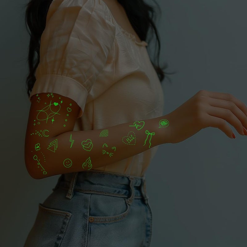 Everjoy Glow-In-The-Dark Temporary Tattoos For Women Luminous Minimalistic Small Finger Tattoos Tiny Boho Decorations Fine Line Art Fake Tattoo Stickers Kit For Kids And Women - Image 4