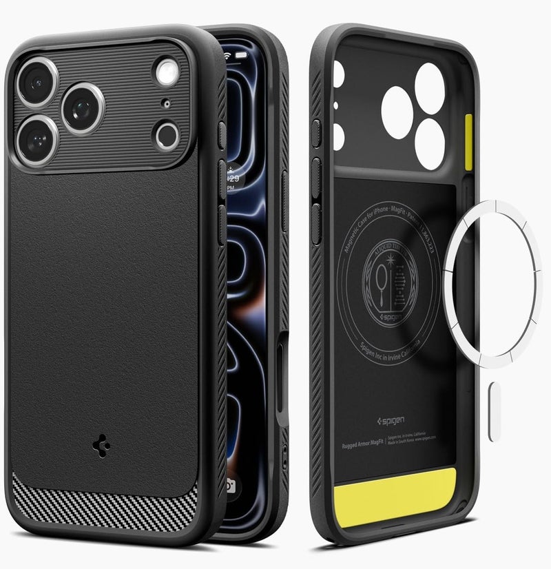 Spigen Rugged Armor MagFit iPhone 17 Pro MAX Case Cover with MagSafe and Carbon Fiber Textures (2025) - Matte Black - Image 1