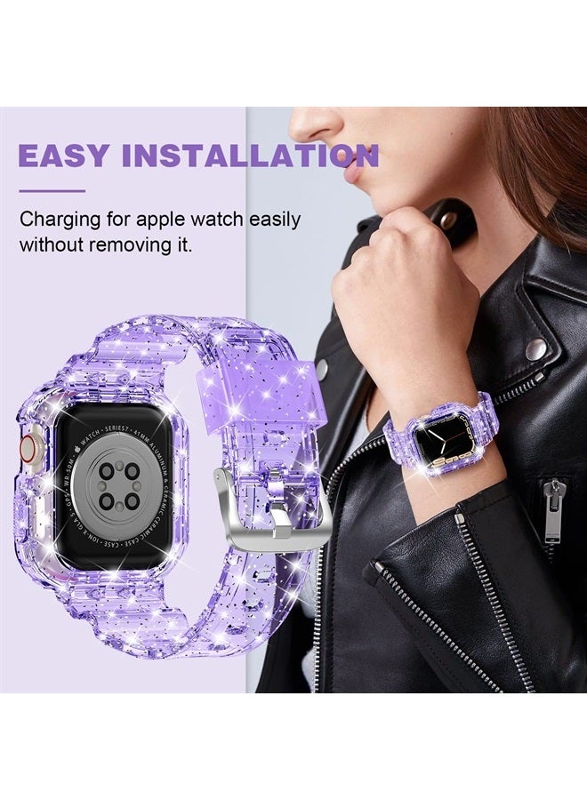 XYF Compatible for Crystal Clear Apple Watch Bands, 45mm 44mm 42mm 41mm 40mm 38mm with Bumper Case for Women Jelly Sport Case and Band for iWatch Series 8 7 SE/6 5 4 3 2 1 (Glitterpurple, 38/40/41mm) - Image 4