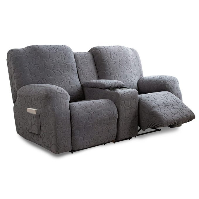 RECLINER LOVESEAT COVER WITH CENTER CONSOLE 2 SEATER JACQUARD RECLINER SOFA SLIPCOVER WITH POCKETS WASHABLE STRETCH RECLINING COUCH COVERS FURNITURE PROTECTOR WITH ELASTIC STRAPS DARK GRAY