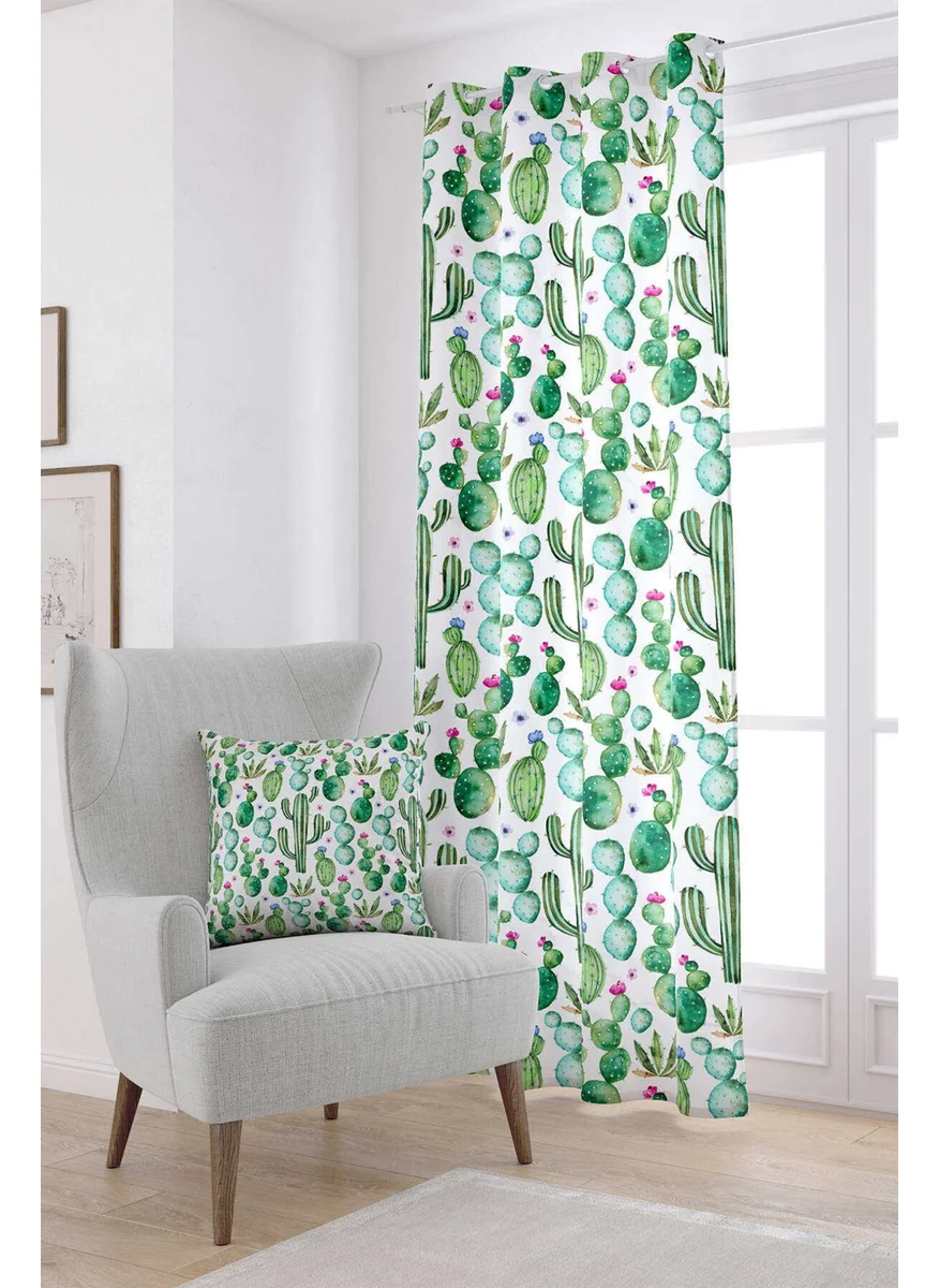 Cango Home Green and White Cactus Patterned Digital Printed Curtain OTYK489-PR