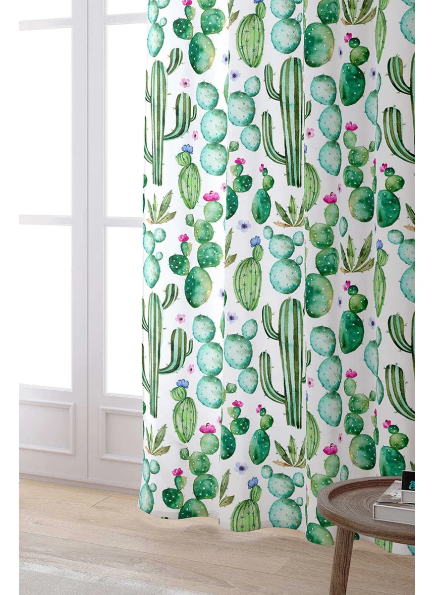 Cango Home Green and White Cactus Patterned Digital Printed Curtain OTYK489-PR