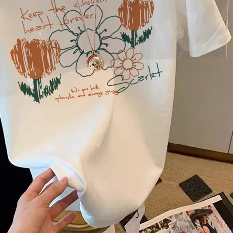 White T-Shirt Women'S Short-Sleeved Summer Design Sense Niche Loose Pure Cotton Flower Stylist Age-Reducing Big Edition Top Ins Trendy - Image 4