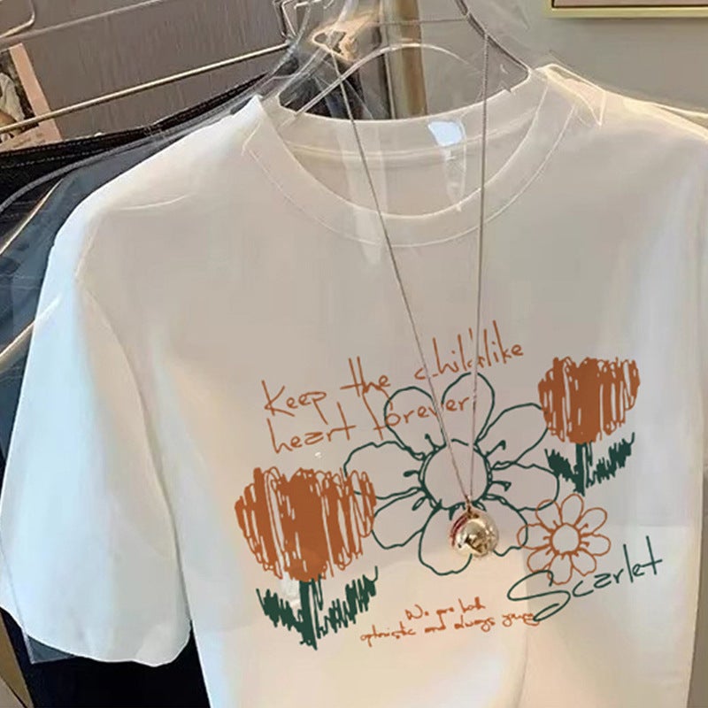White T-Shirt Women'S Short-Sleeved Summer Design Sense Niche Loose Pure Cotton Flower Stylist Age-Reducing Big Edition Top Ins Trendy - Image 3