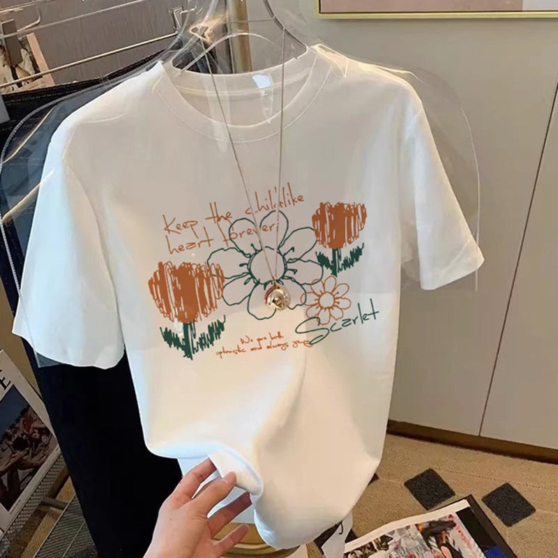 White T-Shirt Women'S Short-Sleeved Summer Design Sense Niche Loose Pure Cotton Flower Stylist Age-Reducing Big Edition Top Ins Trendy - Image 1
