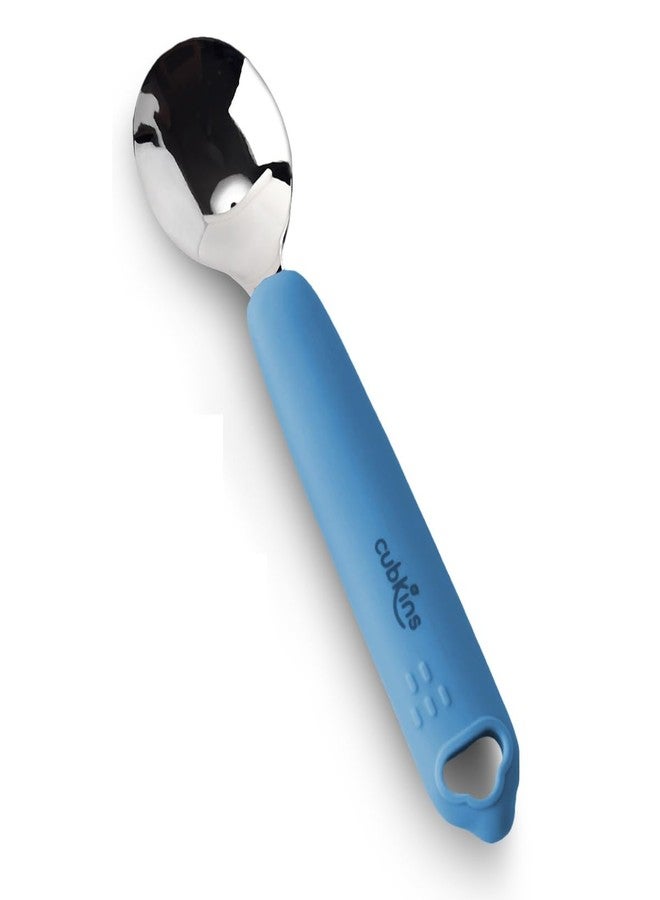 Cubkins Steel Head Spoon for Feeding Babies with Soft Silicone Handle | Non Toxic, Food Safe and BPA Free | Washable and Reusable (Blue Olive) - Image 1