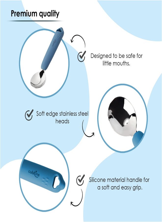 Cubkins Steel Head Spoon for Feeding Babies with Soft Silicone Handle | Non Toxic, Food Safe and BPA Free | Washable and Reusable (Blue Olive) - Image 2