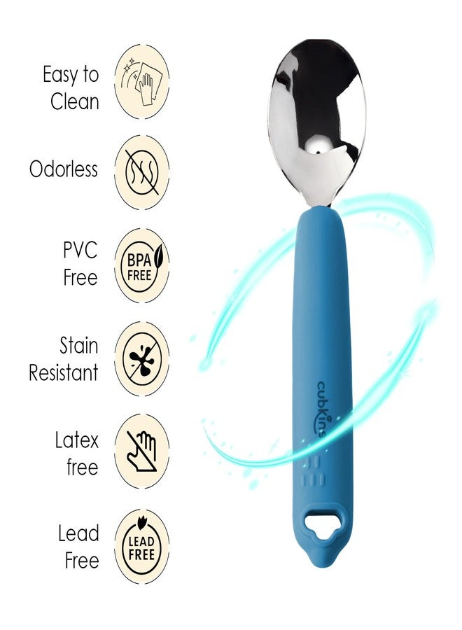 Cubkins Steel Head Spoon for Feeding Babies with Soft Silicone Handle | Non Toxic, Food Safe and BPA Free | Washable and Reusable (Blue Olive) - Image 3