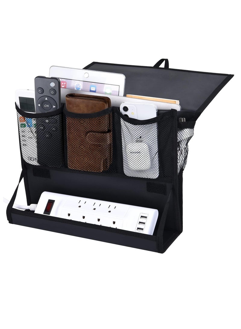 Versatile Bedside Organizer with Power Strip 6 Pocket Storage for Remotes Phones and Tablets in Black - Image 1