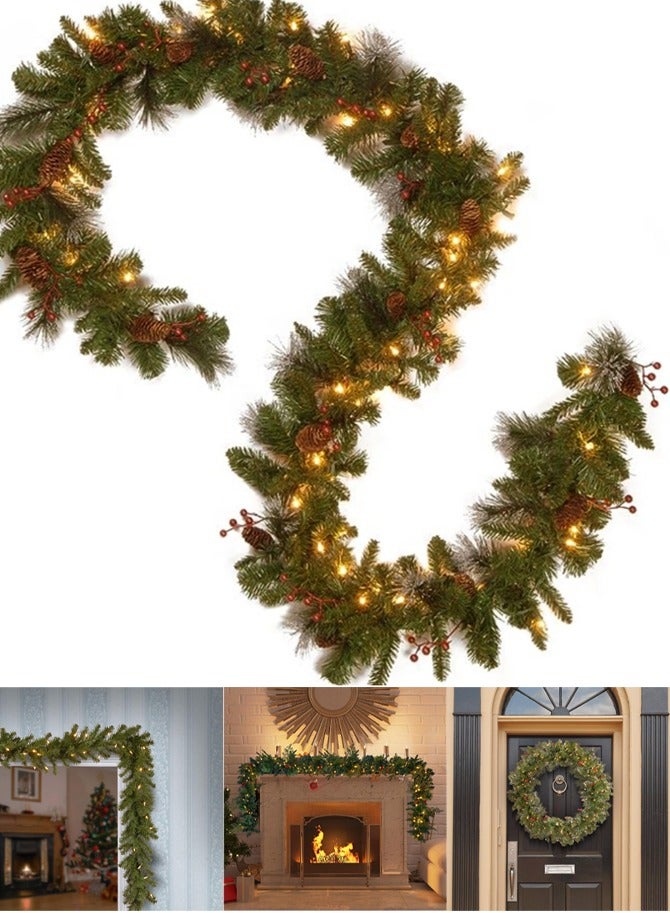 تابيت إكليل عيد الميلاد، إكليل عيد الميلاد بطول 2.7 متر مع 50 ضوءًا، إكليل عيد الميلاد المصنوع من مادة البولي فينيل كلوريد مع أقماع الصنوبر، زينة عيد الميلاد من التوت الأحمر للاستخدام الداخلي والخارجي للمنزل - Image 1
