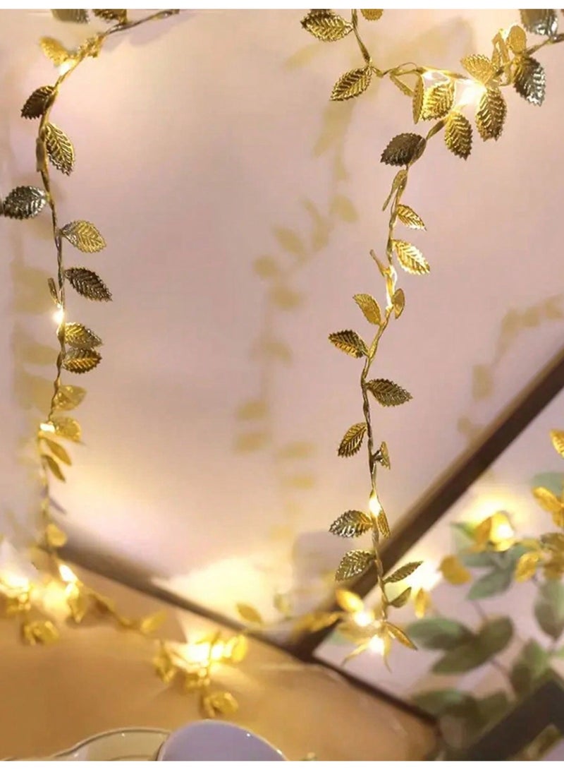 سلسلة أضواء زينة LED بشكل أوراق ذهبية على شكل عنب – 2م / 5م، تعمل بالبطارية، سلك نحاسي مع 20 / 50 لمبة دافئة | ديكور أنيق للجدران، الغرف، الطاولات، حفلات الزفاف والمناسبات (البطاريات غير مشمولة) - Image 3