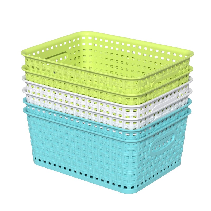 Ponpong Plastic Weave Storage Basket, Plastic Basket Organizer Storage, 6 Pack
