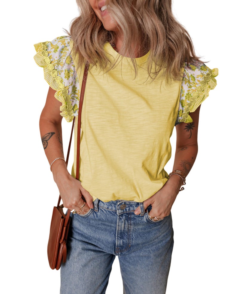 SELINK Womens Summer Ruffle Short Sleeve Top Crewneck T Shirts Floral Trim Casual Blouses Yellow-L - Image 1